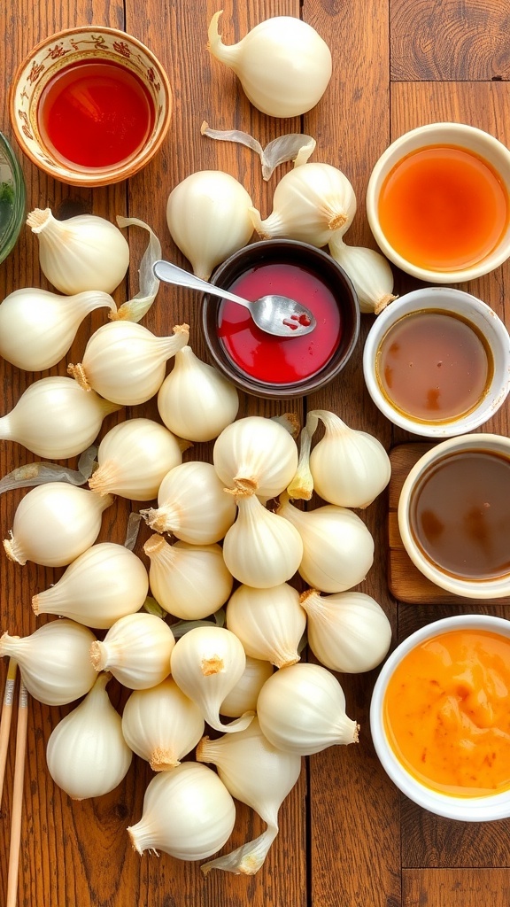 Boiled onions served with a variety of dipping sauces on a rustic table.